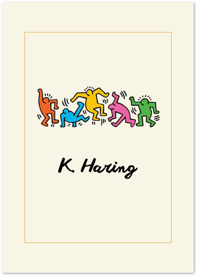 Poster of five colourful dancing figures in Keith Haring pop art style with signature
