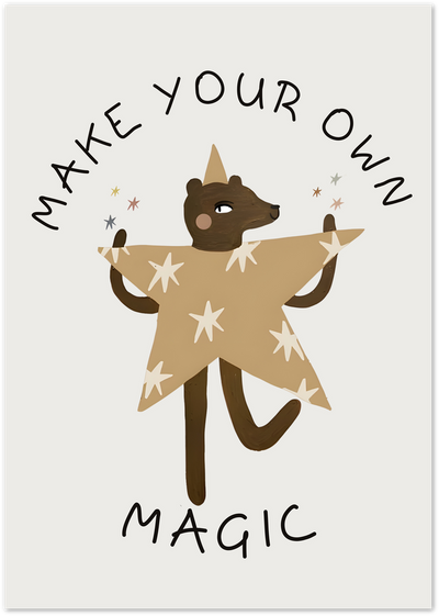 Illustrated bear wearing a wizard hat and star-covered cape with make your own magic quote