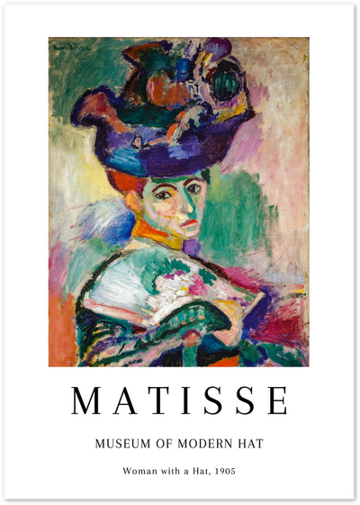 Matisse exhibition poster of Woman with a Hat, colourful Fauvist portrait painting