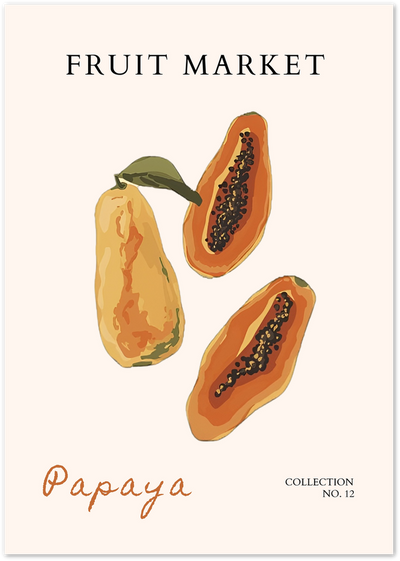 Illustration of whole and halved papaya fruits with Fruit Market title text on cream background