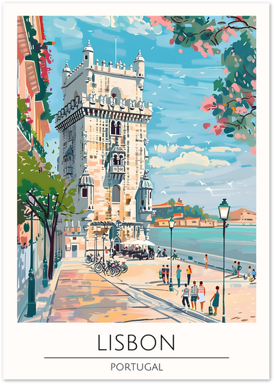 Illustrated poster of Belem Tower on the Lisbon riverside with people, bicycles and blossom trees