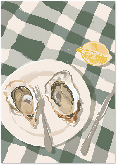 Illustration of two oysters on a plate with fork, knife and lemon on gingham tablecloth