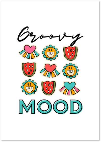 Groovy Mood poster with retro smiley flowers, watermelon slices and colourful hearts