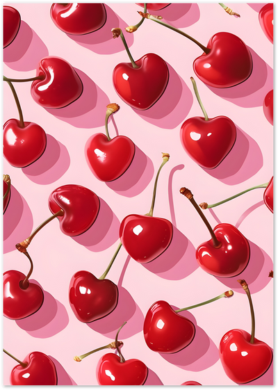 Pattern of glossy heart-shaped red cherries with stems on a pink background