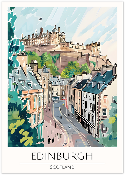 Illustrated poster of Edinburgh Castle above a cobbled Old Town street in Scotland