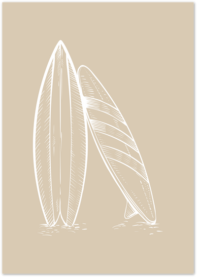 Line art illustration of three surfboards leaning together on a beige background