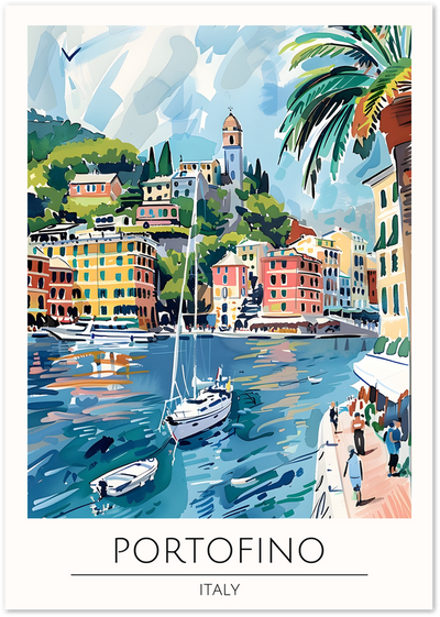 Illustrated poster of Portofino harbour, Italy, with colourful buildings, sailboat and palm tree