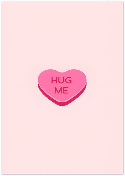 Pink candy heart illustration with Hug Me text on a soft pink background