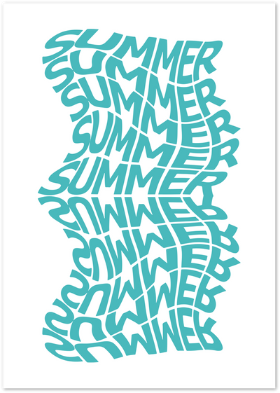 Poster with the word Summer repeated in warped turquoise typography on a white background
