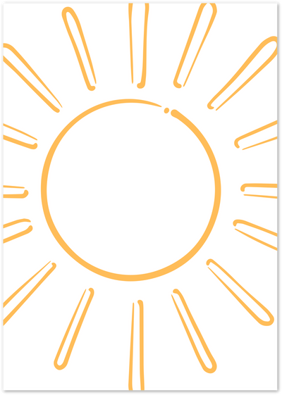 Hand-drawn yellow sun poster with uneven doodle-style rays on a white background