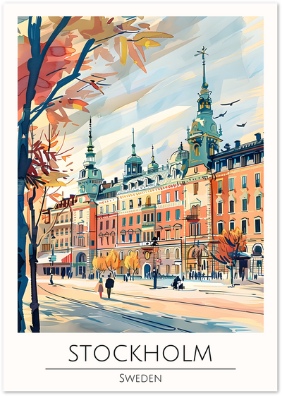 Illustrated Stockholm street with copper towers, autumn tree and colourful old town buildings