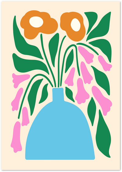 Illustrated poster of orange and pink flowers with green leaves in a blue vase