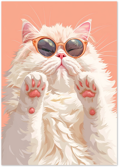 Illustrated fluffy white kitten wearing orange sunglasses with paws raised on peach background