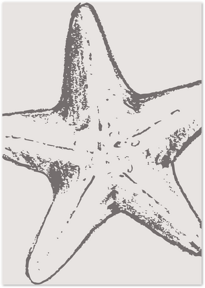 Sketch-style line art poster of a starfish in grey on a beige background