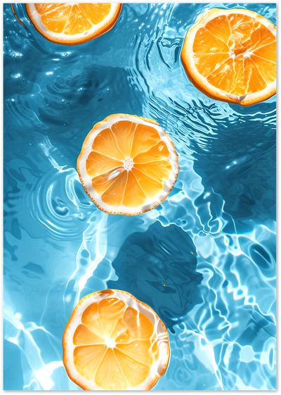 Orange fruit slices floating on rippling blue water surface