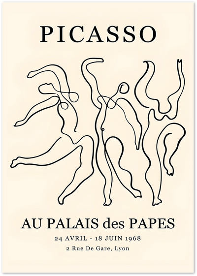 Picasso exhibition poster with abstract line art dancers on a cream background