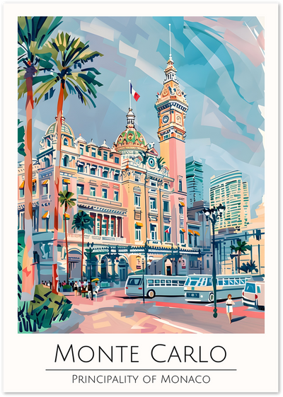 Illustrated poster of the Monte Carlo casino building with clock tower, palm trees and city skyline in Monaco