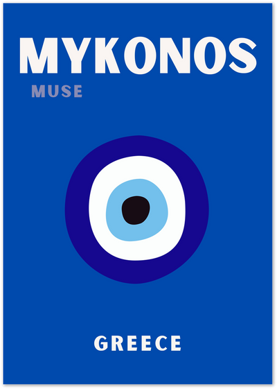 Mykonos Greece poster with bold typography and a blue Greek evil eye symbol
