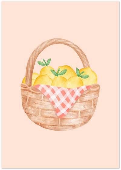 Illustration of a woven basket filled with lemons and a pink gingham cloth on a peach background
