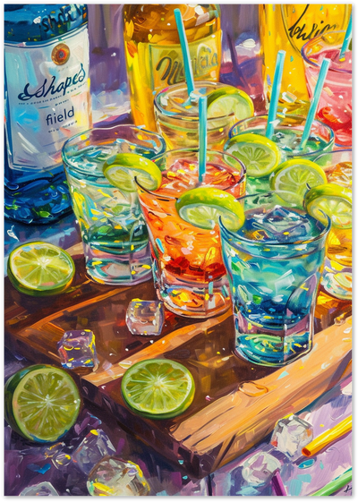 Painting of colourful cocktails with lime slices and ice on a wooden bar counter