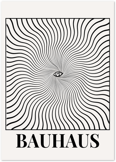 Black and white Bauhaus poster with wavy radiating lines around a central eye