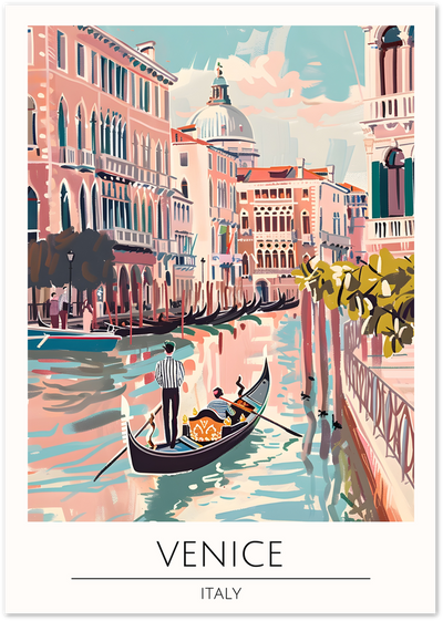 Illustrated poster of a gondolier on a Venice canal with pastel buildings and a domed church