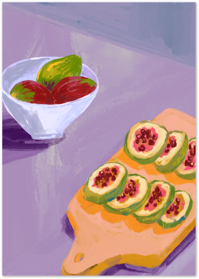 Painterly illustration of sliced guavas on a wooden board with a bowl of whole fruit