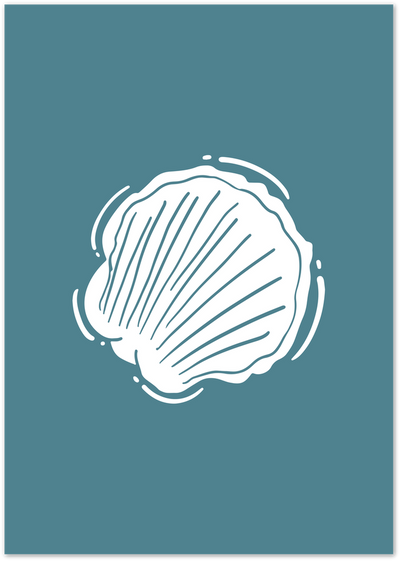 Minimalist white scallop shell line art illustration on a teal background