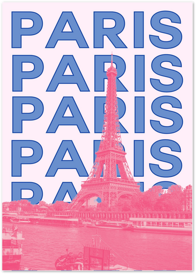 Paris poster with repeated blue typography and a pink duotone photo of the Eiffel Tower