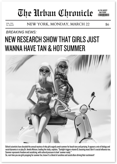 Black and white newspaper-style poster of two fashion dolls on a scooter with sunglasses