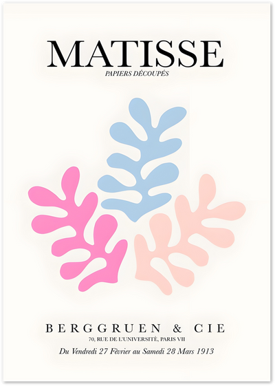 Matisse exhibition poster with pink, blue and peach paper cut-out leaf shapes on cream background