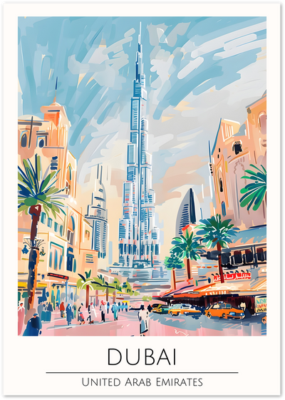 Painterly poster of the Burj Khalifa and Dubai street scene with palm trees and taxis