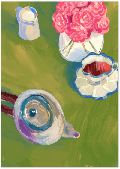 Top-down painting of a teapot, milk jug, teacup and pink roses on a green table