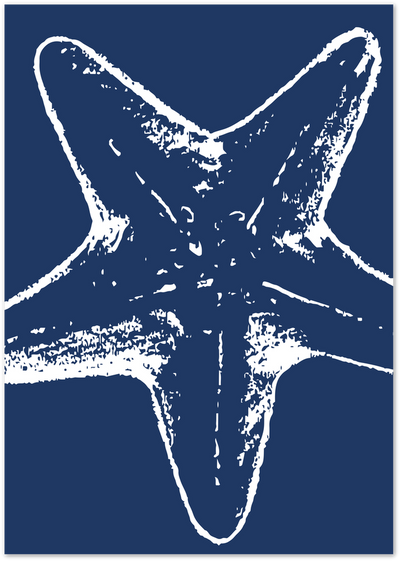 White outline illustration of a starfish on a navy blue background