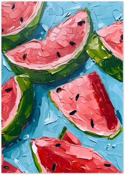 Textured oil painting of watermelon slices with pink flesh and green rind on a blue background