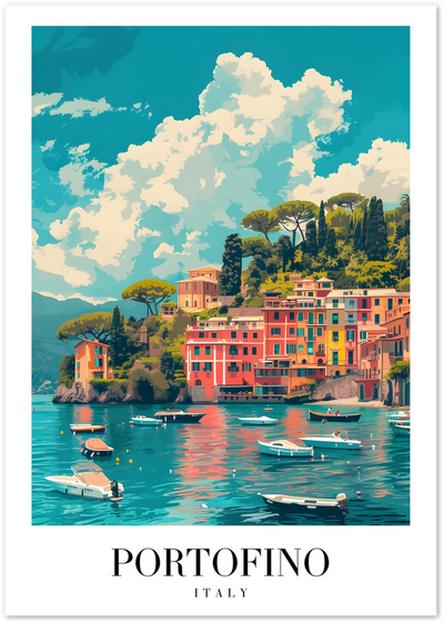 Illustrated travel poster of Portofino harbour, Italy, with colourful buildings, boats and pine trees