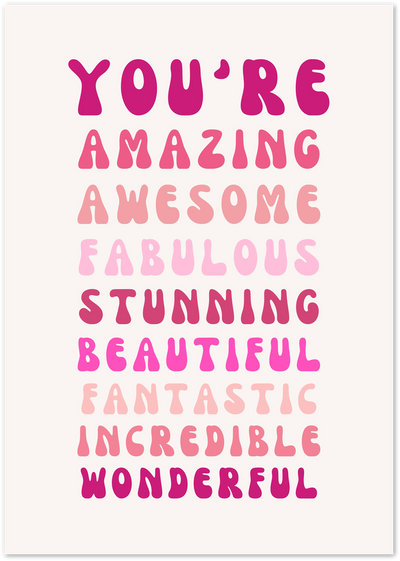 Retro groovy typography poster with pink shades spelling out uplifting words on a cream background