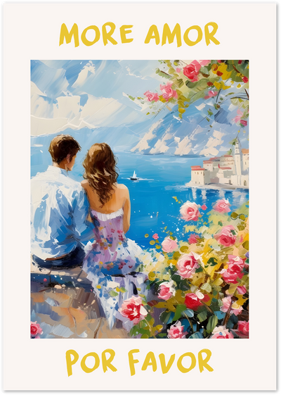 Painting of a couple sitting on a terrace with roses overlooking a coastal Mediterranean village