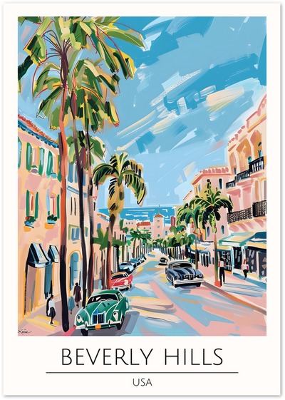 Illustrated poster of a Beverly Hills street with palm trees, pastel buildings and vintage cars