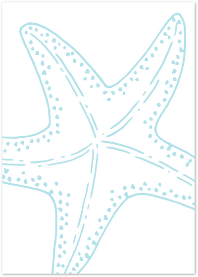 Minimalist line art illustration of a starfish in light blue on a white background