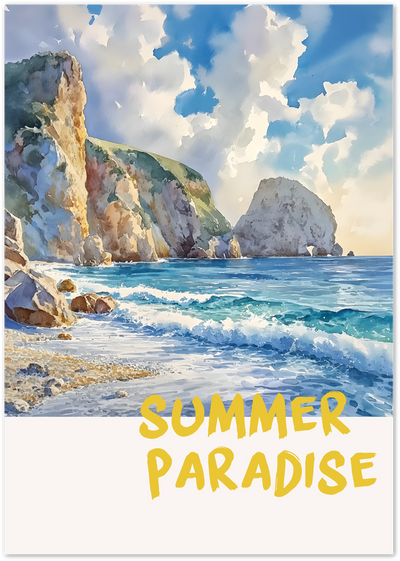Watercolour poster of coastal cliffs, sea arch and waves with Summer Paradise text