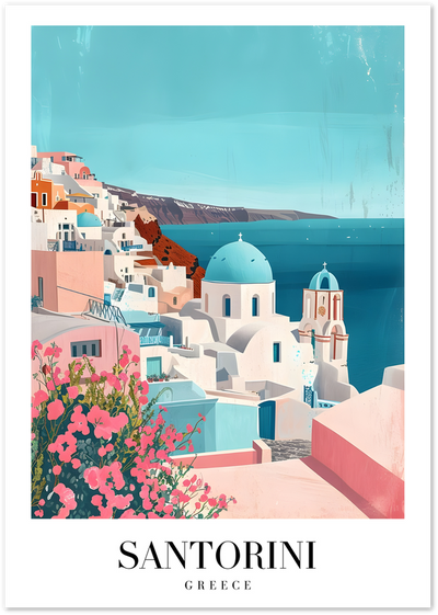 Santorini Greece poster with blue dome church, white village and pink flowers by the sea