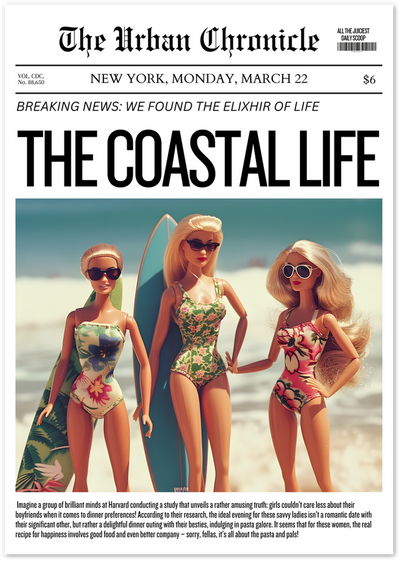 Mock newspaper front page showing three dolls in swimsuits with surfboards on a beach