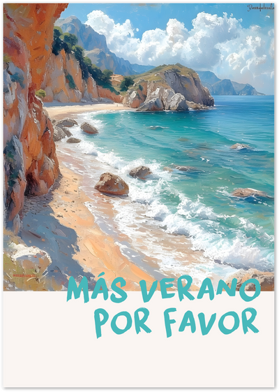 Painting of ochre cliffs and turquoise sea with waves breaking on a rocky beach