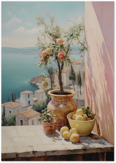 Painting of a peach tree and lemons on a terrace overlooking a Mediterranean coastal village