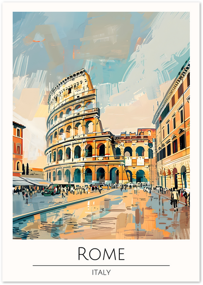 Painterly travel poster of the Colosseum in Rome with a busy street scene and text Rome Italy