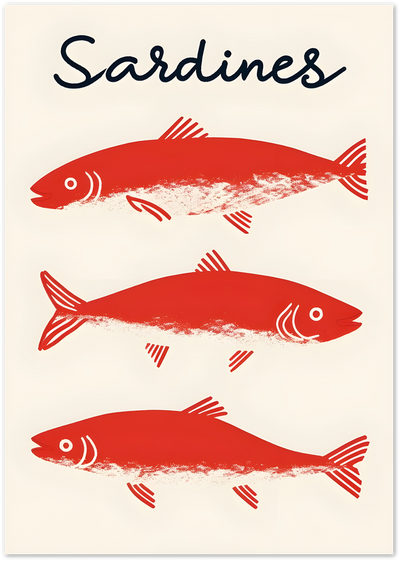 Poster showing three red illustrated sardines with the word Sardines in script above