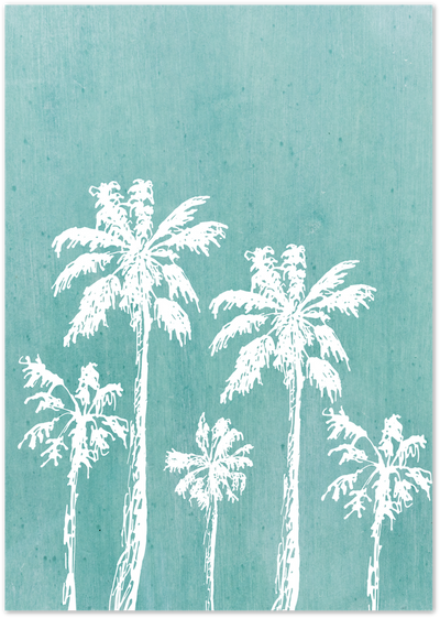 Poster of white palm tree silhouettes on a textured teal green background
