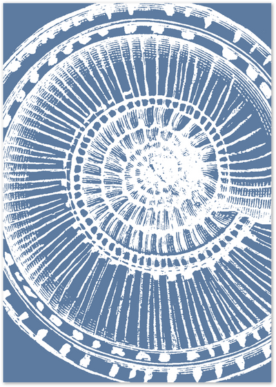 Abstract radial mandala pattern in white on a slate blue background