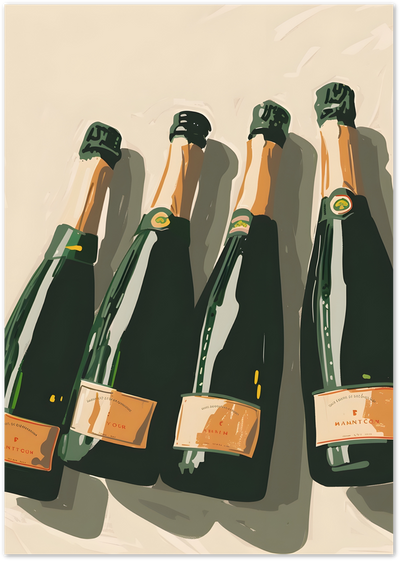 Illustration of four champagne bottles with green foil necks and orange labels on cream background
